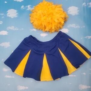 Cheerleader Costume Skirt & Pom Pom 2XL Extra Large Royal Blue Yellow Pleated
